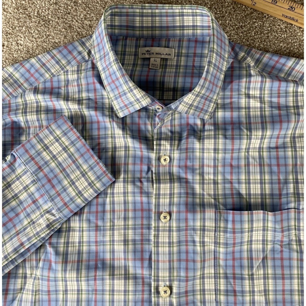 Peter Millar Summer Comfort Nylon/Spandex Button Down Colorful Plaid Prep Men XL